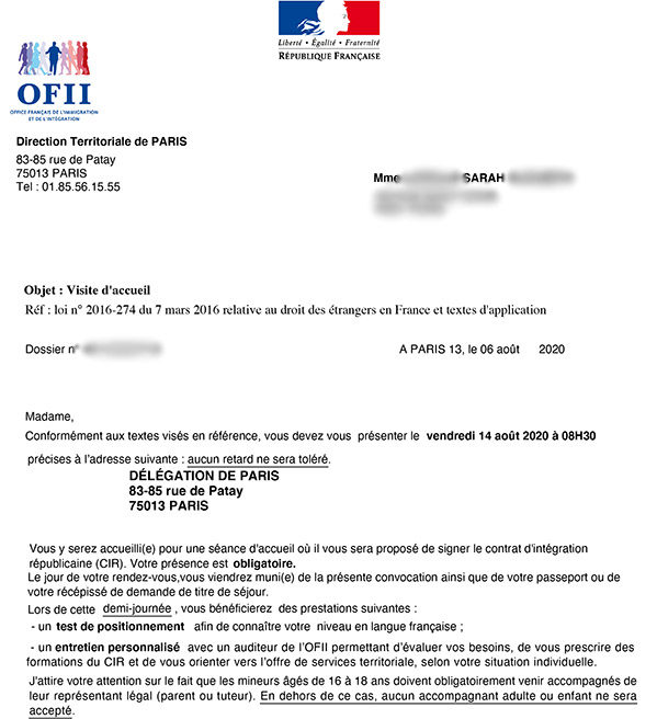 Example letter of OFII convocation request. 