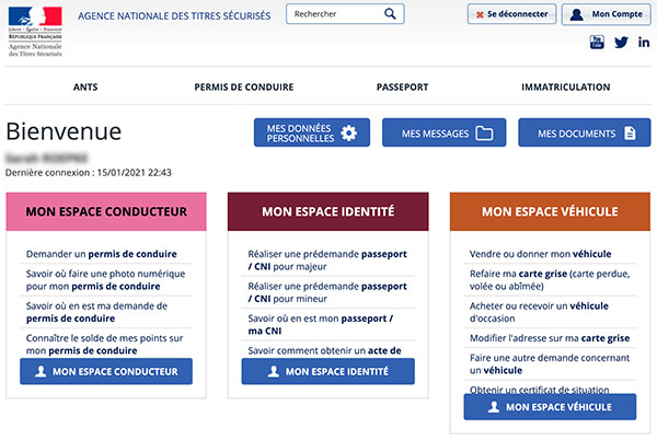 ANTS personal dashboard for permis de conduire